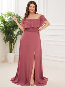 Color=Cameo Brown | Plus Size Women'S A-Line Off Shoulder Ruffle Thigh Split Bridesmaid Dresses Ep00968-Cameo Brown 4