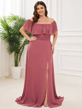 Load image into Gallery viewer, Color=Cameo Brown | Plus Size Women&#39;S A-Line Off Shoulder Ruffle Thigh Split Bridesmaid Dresses Ep00968-Cameo Brown 1