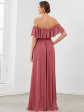 Load image into Gallery viewer, Color=Cameo Brown | A-Line Off Shoulder Ruffle Thigh Split Bridesmaid Dress-Cameo Brown 2