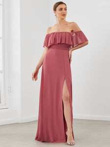 Color=Cameo Brown | Women'S A-Line Off Shoulder Ruffle Thigh Split Bridesmaid Dress-Cameo Brown 3