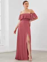 Load image into Gallery viewer, Color=Cameo Brown | A-Line Off Shoulder Ruffle Thigh Split Bridesmaid Dress-Cameo Brown 3