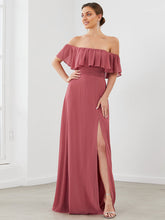 Load image into Gallery viewer, Color=Cameo Brown | A-Line Off Shoulder Ruffle Thigh Split Bridesmaid Dress-Cameo Brown 4