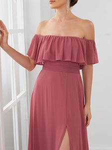 Color=Cameo Brown | A-Line Off Shoulder Ruffle Thigh Split Bridesmaid Dress-Cameo Brown 5