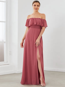 Color=Cameo Brown | Women'S A-Line Off Shoulder Ruffle Thigh Split Bridesmaid Dress-Cameo Brown 1