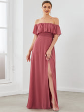 Load image into Gallery viewer, Color=Cameo Brown | A-Line Off Shoulder Ruffle Thigh Split Bridesmaid Dress-Cameo Brown 1