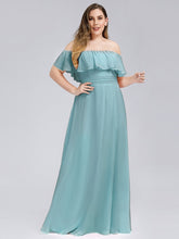 Load image into Gallery viewer, Color=Dusty Blue | Plus Size Women&#39;S A-Line Off Shoulder Ruffle Thigh Split Bridesmaid Dress-Dusty Blue 3