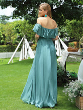 Load image into Gallery viewer, Color=Dusty Blue | A-Line Off Shoulder Ruffle Thigh Split Bridesmaid Dress-Dusty Blue 2