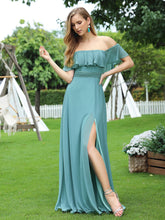 Load image into Gallery viewer, Color=Dusty Blue | A-Line Off Shoulder Ruffle Thigh Split Bridesmaid Dress-Dusty Blue 3