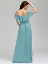Load image into Gallery viewer, Color=Dusty Blue | A-Line Off Shoulder Ruffle Thigh Split Bridesmaid Dress-Dusty Blue 4