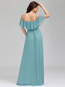 Color=Dusty Blue | A-Line Off Shoulder Ruffle Thigh Split Bridesmaid Dress-Dusty Blue 4
