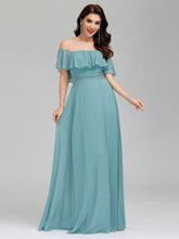 Load image into Gallery viewer, Color=Dusty Blue | A-Line Off Shoulder Ruffle Thigh Split Bridesmaid Dress-Dusty Blue 5