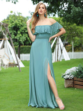 Load image into Gallery viewer, Color=Dusty Blue | A-Line Off Shoulder Ruffle Thigh Split Bridesmaid Dress-Dusty Blue 1