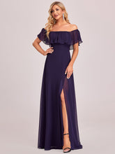 Load image into Gallery viewer, Color=Dark Purple | A-Line Off Shoulder Ruffle Thigh Split Bridesmaid Dress-Dark Purple 4