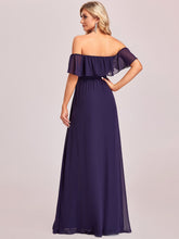 Load image into Gallery viewer, Color=Dark Purple | A-Line Off Shoulder Ruffle Thigh Split Bridesmaid Dress-Dark Purple 3