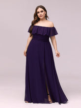 Load image into Gallery viewer, Color=Dark Purple | Plus Size Women&#39;S A-Line Off Shoulder Ruffle Thigh Split Bridesmaid Dresses Ep00968-Dark Purple 4