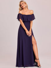 Load image into Gallery viewer, Color=Dark Purple | A-Line Off Shoulder Ruffle Thigh Split Bridesmaid Dress-Dark Purple 1