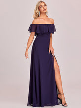 Load image into Gallery viewer, Color=Dark Purple | A-Line Off Shoulder Ruffle Thigh Split Bridesmaid Dress-Dark Purple 2