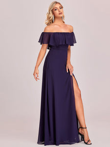 Color=Dark Purple | A-Line Off Shoulder Ruffle Thigh Split Bridesmaid Dress-Dark Purple 2