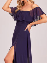 Load image into Gallery viewer, Color=Dark Purple | A-Line Off Shoulder Ruffle Thigh Split Bridesmaid Dress-Dark Purple 5
