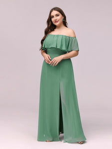 Color=Green Bean | Women'S A-Line Off Shoulder Ruffle Thigh Split Bridesmaid Dress-Green Bean 3