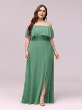 Load image into Gallery viewer, Color=Green Bean | Women&#39;S A-Line Off Shoulder Ruffle Thigh Split Bridesmaid Dress-Green Bean 4