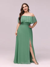 Load image into Gallery viewer, Color=Green Bean | Women&#39;S A-Line Off Shoulder Ruffle Thigh Split Bridesmaid Dress-Green Bean 1