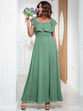 Load image into Gallery viewer, Color=Green Bean | A-Line Off Shoulder Ruffle Thigh Split Bridesmaid Dress-Green Bean 2