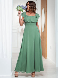 Color=Green Bean | A-Line Off Shoulder Ruffle Thigh Split Bridesmaid Dress-Green Bean 2