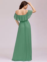 Load image into Gallery viewer, Color=Green Bean | A-Line Off Shoulder Ruffle Thigh Split Bridesmaid Dress-Green Bean 4