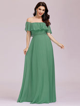 Load image into Gallery viewer, Color=Green Bean | A-Line Off Shoulder Ruffle Thigh Split Bridesmaid Dress-Green Bean 1