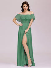 Load image into Gallery viewer, Color=Green Bean | A-Line Off Shoulder Ruffle Thigh Split Bridesmaid Dress-Green Bean 3