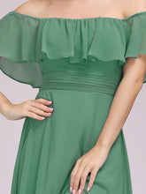 Load image into Gallery viewer, Color=Green Bean | A-Line Off Shoulder Ruffle Thigh Split Bridesmaid Dress-Green Bean 5