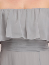 Load image into Gallery viewer, Color=Grey | A-Line Off Shoulder Ruffle Thigh Split Bridesmaid Dress-Grey 5