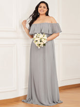 Load image into Gallery viewer, Color=Grey | Women&#39;S A-Line Off Shoulder Ruffle Thigh Split Bridesmaid Dress-Grey 3