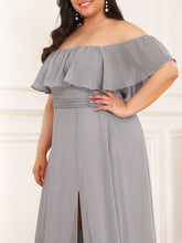 Load image into Gallery viewer, Color=Grey | Women&#39;S A-Line Off Shoulder Ruffle Thigh Split Bridesmaid Dress-Grey 5