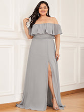 Load image into Gallery viewer, Color=Grey | Women&#39;S A-Line Off Shoulder Ruffle Thigh Split Bridesmaid Dress-Grey 1