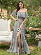 Load image into Gallery viewer, Color=Grey | A-Line Off Shoulder Ruffle Thigh Split Bridesmaid Dress-Grey 1