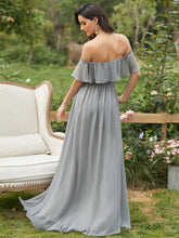Load image into Gallery viewer, Color=Grey | A-Line Off Shoulder Ruffle Thigh Split Bridesmaid Dress-Grey 2