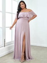 Load image into Gallery viewer, Color=Lalic | Plus Size Women&#39;S A-Line Off Shoulder Ruffle Thigh Split Bridesmaid Dresses Ep00968-Lalic 4