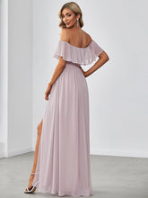 Load image into Gallery viewer, Color=Lilac | A-Line Off Shoulder Ruffle Thigh Split Bridesmaid Dress-Lilac 2