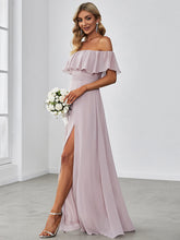 Load image into Gallery viewer, Color=Lilac | A-Line Off Shoulder Ruffle Thigh Split Bridesmaid Dress-Lilac 3