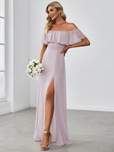 Load image into Gallery viewer, Color=Lilac | A-Line Off Shoulder Ruffle Thigh Split Bridesmaid Dress-Lilac 4