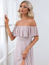 Load image into Gallery viewer, Color=Lilac | A-Line Off Shoulder Ruffle Thigh Split Bridesmaid Dress-Lilac 5