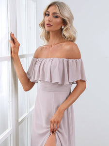 Color=Lilac | A-Line Off Shoulder Ruffle Thigh Split Bridesmaid Dress-Lilac 5