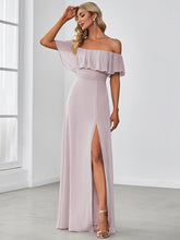 Load image into Gallery viewer, Color=Lilac | A-Line Off Shoulder Ruffle Thigh Split Bridesmaid Dress-Lilac 1