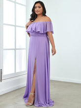 Load image into Gallery viewer, Color=Lavender | Plus Size Women&#39;S A-Line Off Shoulder Ruffle Thigh Split Bridesmaid Dresses Ep00968-Lavender 3