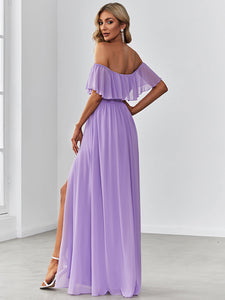 Color=Lavender | A-Line Off Shoulder Ruffle Thigh Split Bridesmaid Dress-Lavender 2