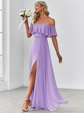 Load image into Gallery viewer, Color=Lavender | A-Line Off Shoulder Ruffle Thigh Split Bridesmaid Dress-Lavender 3