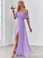 Load image into Gallery viewer, Color=Lavender | Women&#39;S A-Line Off Shoulder Ruffle Thigh Split Bridesmaid Dress-Lavender 3