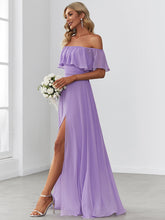 Load image into Gallery viewer, Color=Lavender | Women&#39;S A-Line Off Shoulder Ruffle Thigh Split Bridesmaid Dress-Lavender 4
